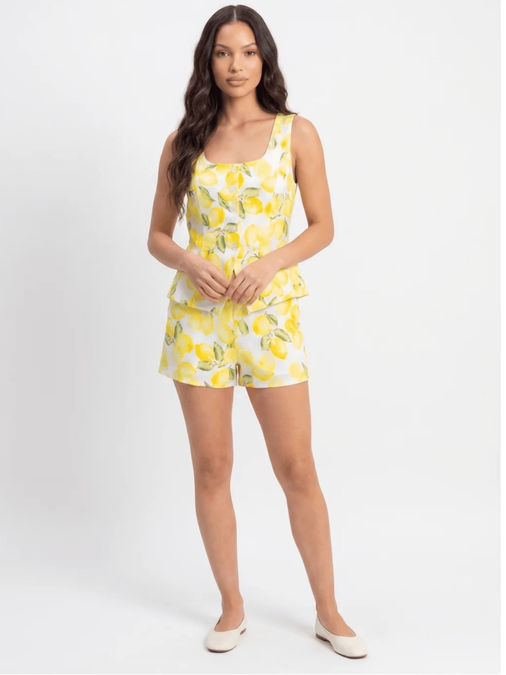 537. Yellow Lemon Print Sleeveless Peplum Top & Shorts Set - Picture 2 of 3